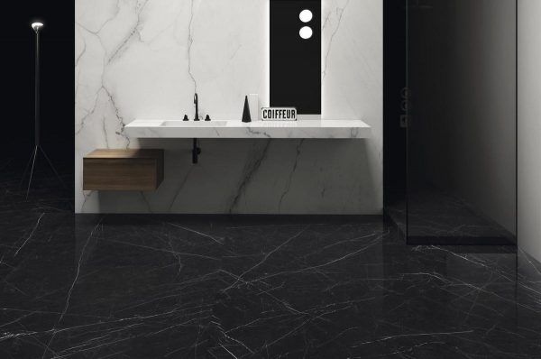 nero marquinia marble look tile by malford ceramics - tiles singapore