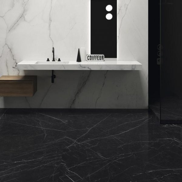 nero marquinia marble look tile by malford ceramics - tiles singapore