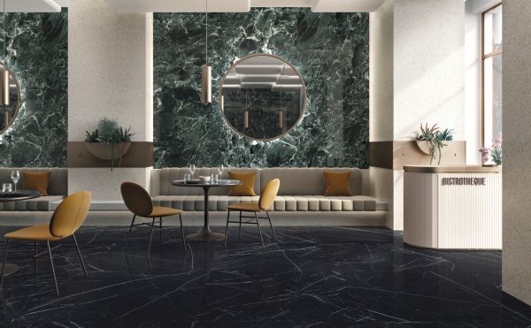 nero marquinia marble look tile by malford ceramics - tiles singapore