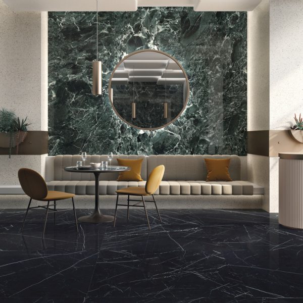 nero marquinia marble look tile by malford ceramics - tiles singapore